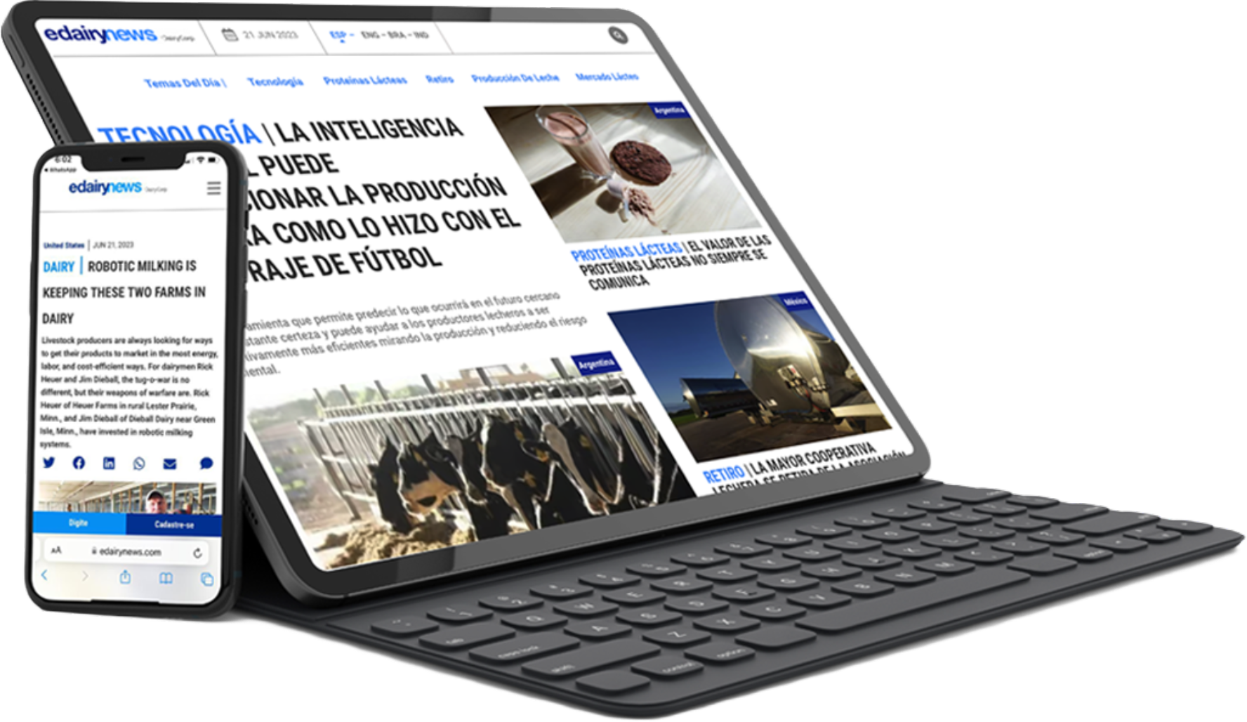 Tablet e celular mostrando a eDairy News
