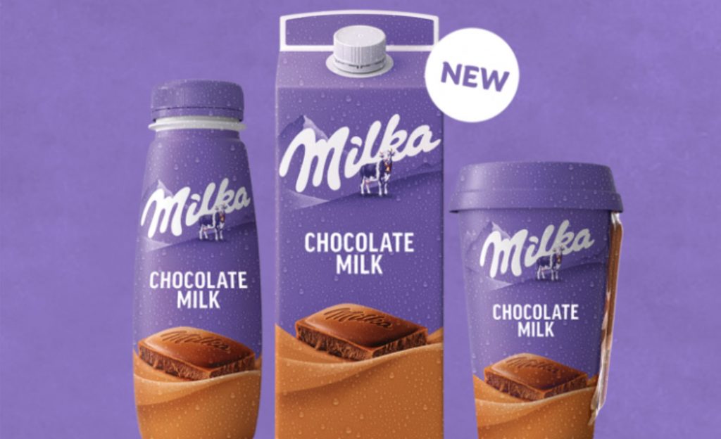 O leite com chocolate Milka da Arla está disponível em três formatos: copo de 220 ml, garrafa PET de 250 ml e caixa de 750 ml. Imagem: Arla Foods