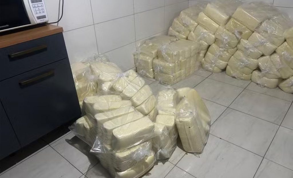 Polícia encontra mais de 3 toneladas de mussarela armazenadas em casa de Governador Valadares; produto seria levado para o Espírito Santo — Foto: Polícia Militar/Divulgação
