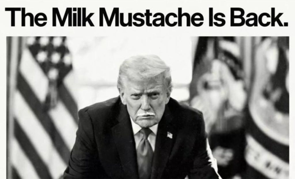 Foto simbólica com leite integral marca mudança nas recomendações nutricionais dos EUA e provoca humor e controvérsia 🥛