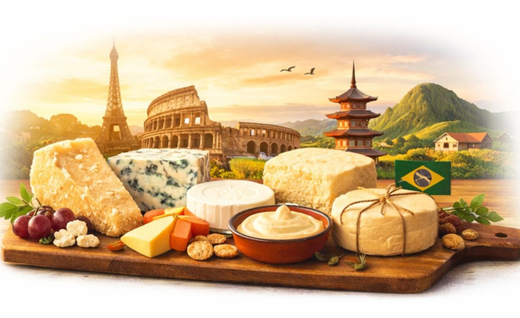 Uma tábua, muitos destinos: cada queijo carrega clima, cultura e memória de seu lugar de origem.