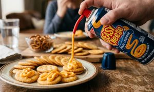 Ícone dos ultraprocessados, o spray cheese combina conveniência e impacto visual em um só produto.