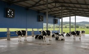 Vacas Holstein calmas em estábulo moderno de produção integrada de leite em Navarra, Espanha, com ventiladores industriais, ambiente limpo e espaço generoso que inclui música para reduzir o estresse animal